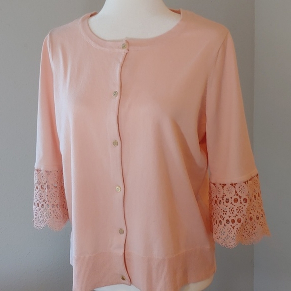 Anne Klein Soft Pink 3/4 Sleeve Bell Sleeves Cardigan Sweater Women's Medium - Picture 1 of 16